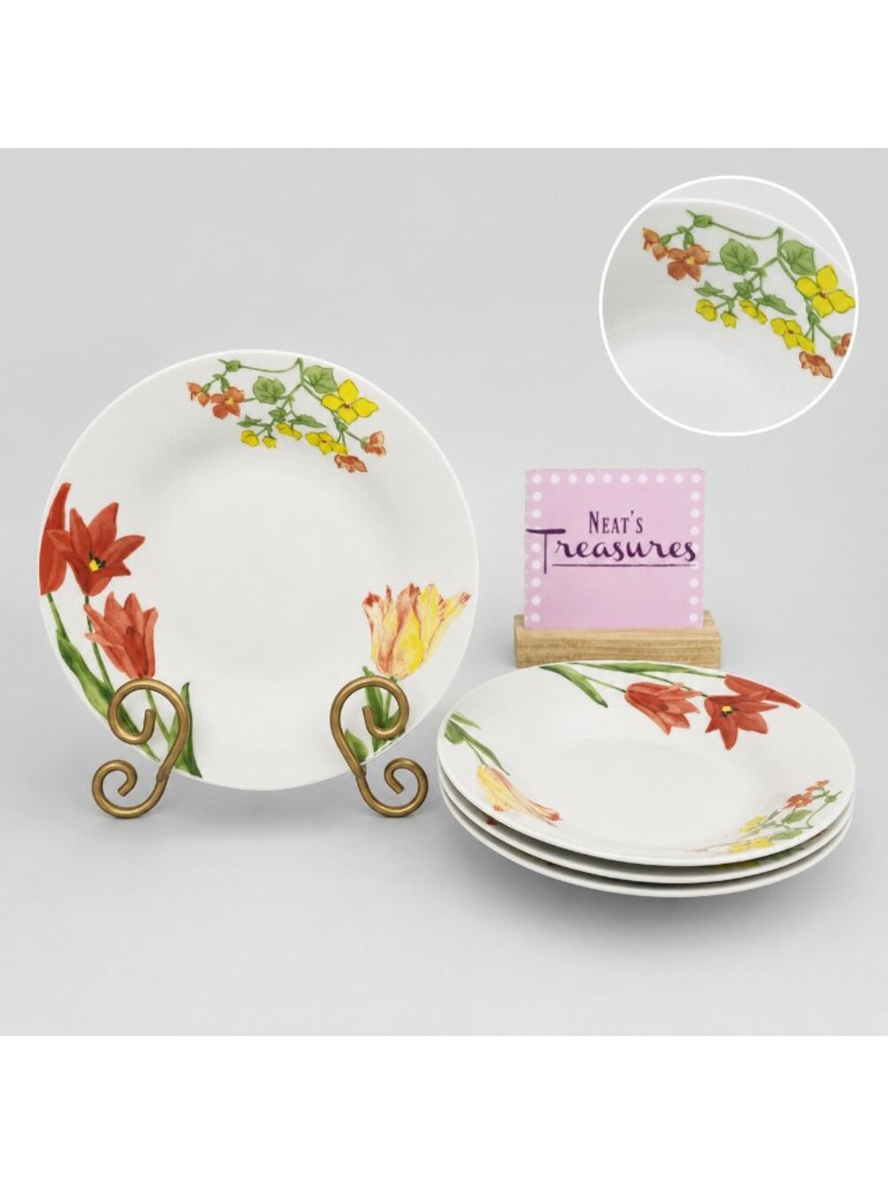 Gibson FLORIANA BLOOM Floral Rim White Smooth Oven Safe Soup Ceramic Bowls Set 4